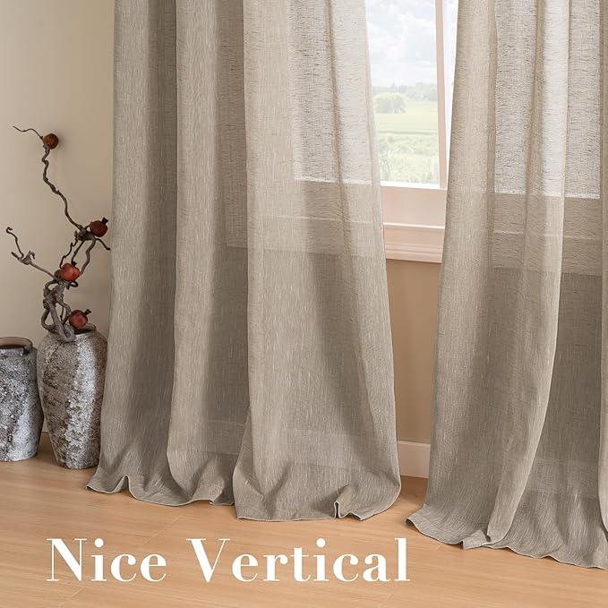 H.VERSAILTEX Linen Curtains Flax Linen Blended Curtain Panels for Living Room/Bedroom Semi Sheer Privacy Curtains 84 inch Length 2 Panels Set Nickel Grommet Window Drapes (52" W x 84" L, Taupe)