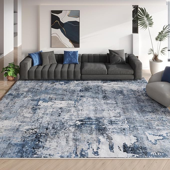Rugcomf 9x12 Boho Rug Soft Area Rug Non-Slip Non-Shedding Faux Wool Vintage Rug for Living Room, Dining Room, Kids Playroom, Blue