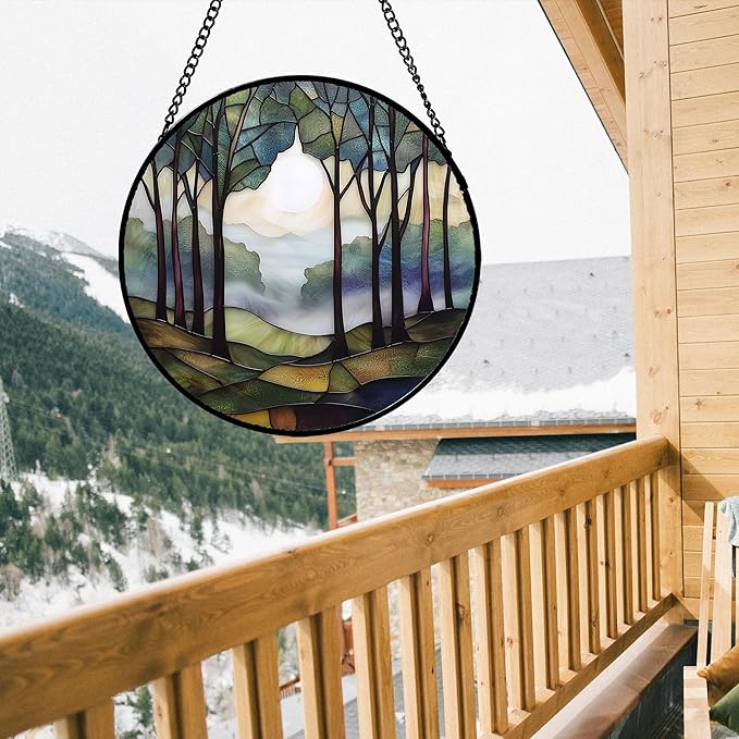 Stained Glass Window Hanging, Green Brown Smoke Forest Moon Suncatcher for Doors Window Home Tree Sun Catchers Decor Mother's Day Birthday Gifts for Women, Men Mom 7.8 in
