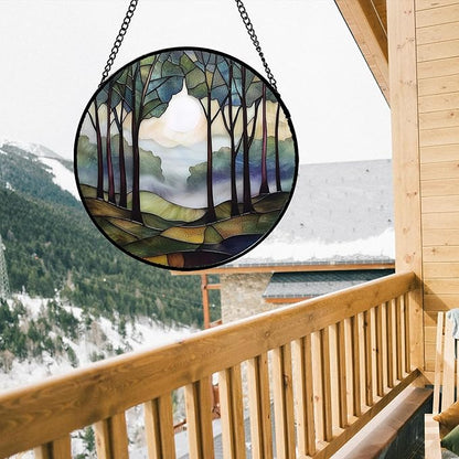 Stained Glass Window Hanging, Green Brown Smoke Forest Moon Suncatcher for Doors Window Home Tree Sun Catchers Decor Mother's Day Birthday Gifts for Women, Men Mom 15 in