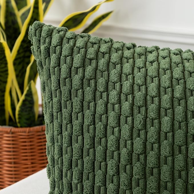Kevin Textile Throw Pillow Covers Soft Corduroy Decorative Set of 2 Boho Striped Pillow Covers Pillowcases Farmhouse Home Decor for Couch Bed Sofa Living Room 20x20 Inch Moss Green