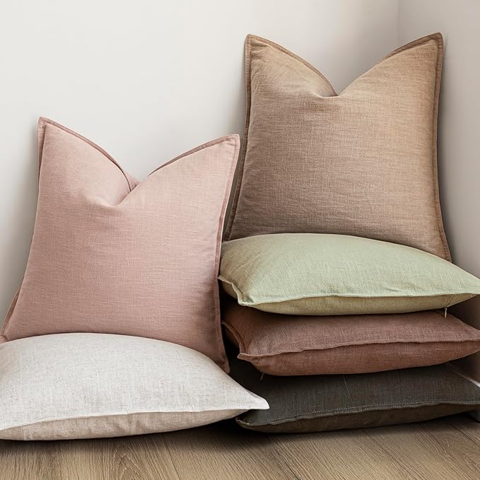 Foindtower Pack of 2, Decorative Linen Solid Throw Pillow Covers Soft Accent Cushion Case Boho Farmhouse Pillowcase for Chair Couch Sofa Bedroom Living Room Home Decor 22 x 22 Inch Light Sage Green