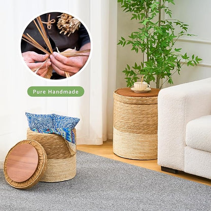 Wimarsbon Round Pouf Ottomans, Handwoven Natural Water Hyacinth Seagrass Pouffe,Outdoor Rattan Stool Accent Seat, Bohemian Coastal Home Decor (Cattail Nested Set-White)