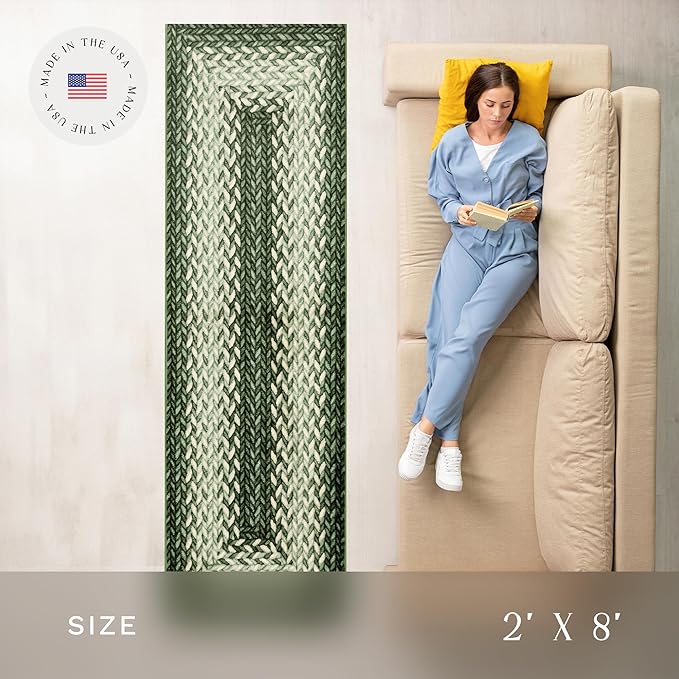Maples Rugs Marion Bohemian Braided Design Print Runner Rug – Made in USA – Washable, Non Slip Indoor Long Carpet for Hallway, Kitchen, and Laundry Room, 2' x 8', Green