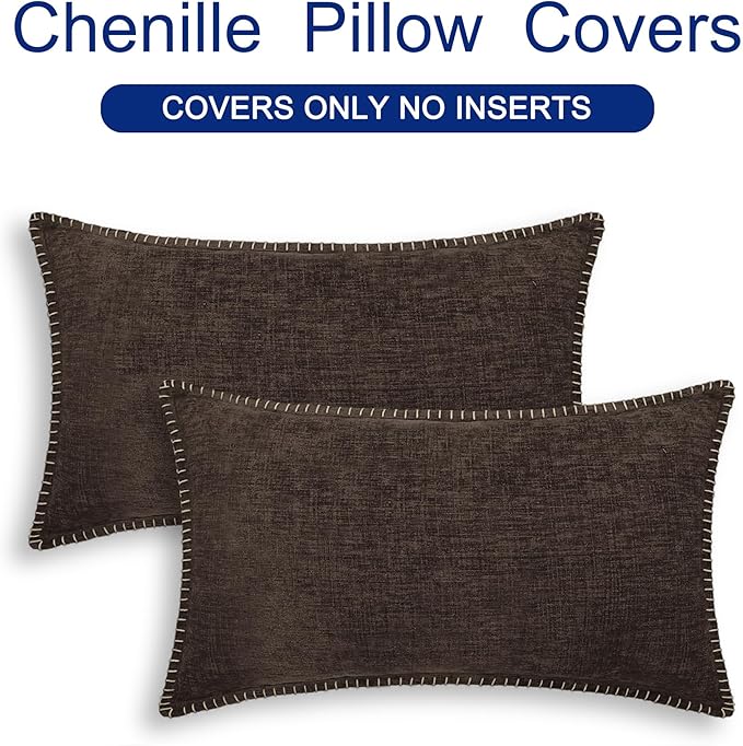 CaliTime Throw Pillow Covers Decorative 12 X 20 Inches Pack of 2 Cotton Thread Stitching Edges Solid Dyed Soft Chenille Cushion Cases for Couch Sofa Bed Living Room Farmhouse Coffee