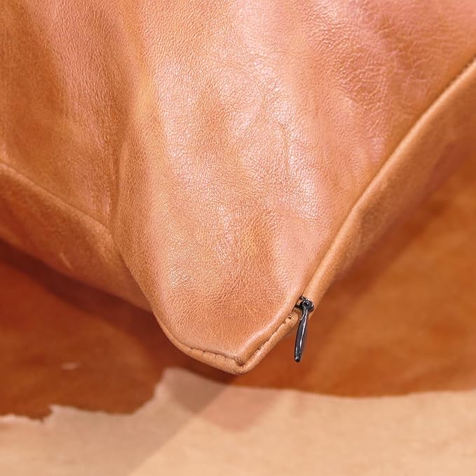 LL LEATHER LOVERS Lambskin Leather Pillow Cover - Sofa Cushion Case - Decorative Throw Covers for Living Room & Bedroom, 14x14 Inches - Tan & Off-White Pack of 1