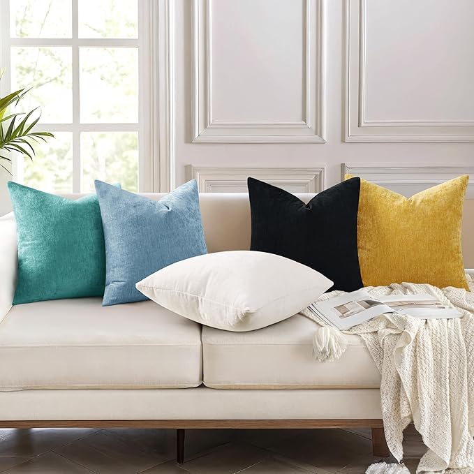 decorUhome Chenille Turquoise Throw Pillow Covers 26x26 Inch Set of 2, Decorative Soft Couch Pillow Covers Solid Dyed Accent Farmhouse Neutral Square Pillow Cases for Sofa Bed Living Room