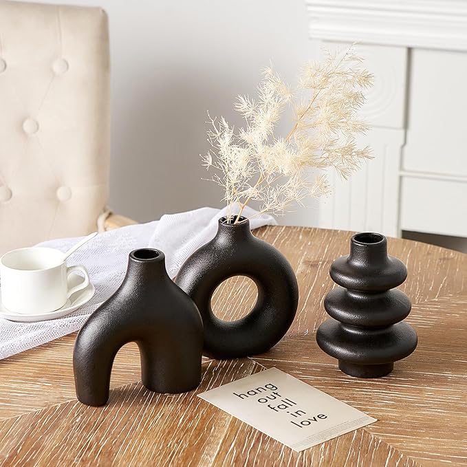 Black Ceramic Vase Set of 3, Small Flower Vases for Pampas Grass, Modern Boho Vase for Decor, Round Black Vases Centerpieces for Wedding Living Room Bedroom Coffee Table Entryway