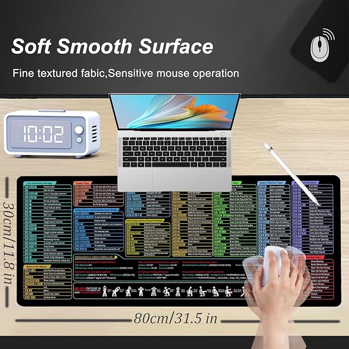 Excel Shortcuts Mouse Pad | XL Large(31.5x11.8 in) Waterproof Desk Mat with Basics Formulas & Over 200 Keyboard Shortcuts for Office, Work & Gaming, Non-Slip Rubber Base