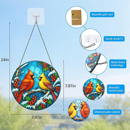 Stained Glass Window Hanging,Red Cardinal Sun Catchers Stained Glass Panels for Indoor Windows Wall Art Decor, Memorial Gift for Mom Women Wife Men Lovers (7.87inch)