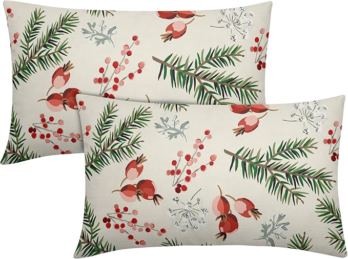 Beige Christmas Lumbar Pillow Covers 12x20 Set of 2 Green Red Xmas Twigs Rustic Decorative Outdoor Farmhouse Zipper Pillowcases Decorations Winter Holiday Throw Cushion Cover Decor for Couch Sofa Bed