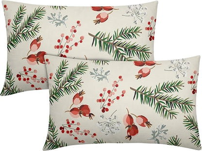 Beige Christmas Lumbar Pillow Covers 12x20 Set of 2 Green Red Xmas Twigs Rustic Decorative Outdoor Farmhouse Zipper Pillowcases Decorations Winter Holiday Throw Cushion Cover Decor for Couch Sofa Bed