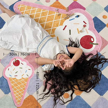 jinchan Cute Fun Rug Ice Cream Shaped Playroom Mat Washable Pastel Cone Cool Rug Soft Funny Mat Non Slip Unique Doormat Lightweight Anime Funky Gift for Girls Kids Dorm Bedroom, 30''x48''
