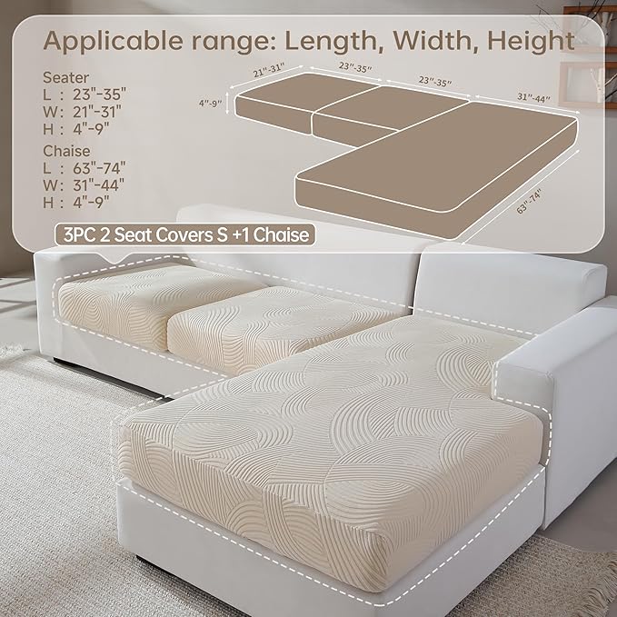 Couch Cushion Covers for Sectional and L Shaped Sofa, Stretch Soft Sofa Covers Washable Wear Resistant Slipcovers Furniture Protector Pet-Friendly (2 Seaters Covers+1 Chaise Cover, Ivory)