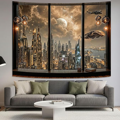Lifeel Cyberpunk City Tapestry, Future Skyline Aesthetic Window Tapestries for Home Decor Game Room Bedroom Living Room, 36x48 inches