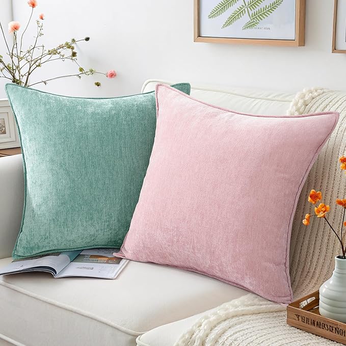 decorUhome Spring Couch Throw Pillow Covers 16x16 Set of 2, Decorative Soft Velvet Neutral Chenille Pillow Covers with Elegant Design for Sofa Bed Living Room Home Decor, Blush Pink