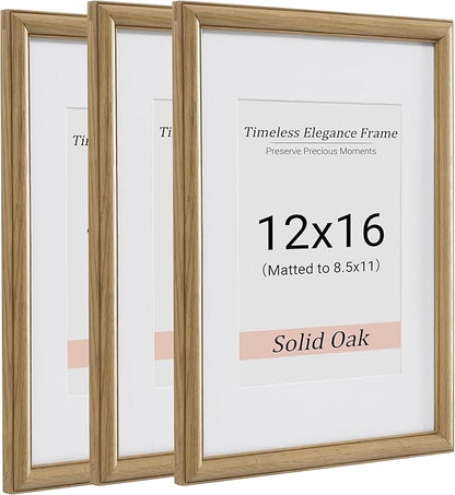 Heimlove 12x16 Picture Frame,12 x 16 Solid White Oak Photo Frame Matted to 8.5x11 with Tempered Glass,12"x16" Handcrafted wood Poster Frame,Vertical or Horizontal Wall Hanging Display,3 Pack