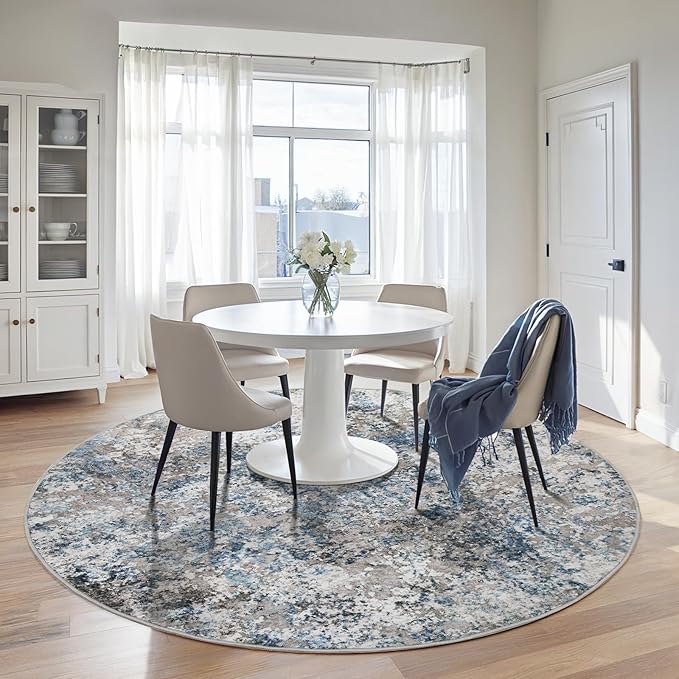 6ft Round Area Rug for Living Room- 6x6 Washable Neutral Abstract Rug for Bedroom Modern Soft Dining Room Rug No Slip Low Pile Carpet for Nursery Home Office Decor - Grey/Blue
