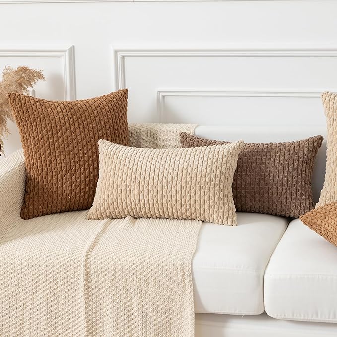 Kevin Textile 16x24 Inch Pillow Cover 1 Pack Boho Decorative Soft Striped Corduroy Lumbar Farmhouse Solid Color Accent Rectangle Cushion Case for Living Room Couch Sofa Bed, Beige