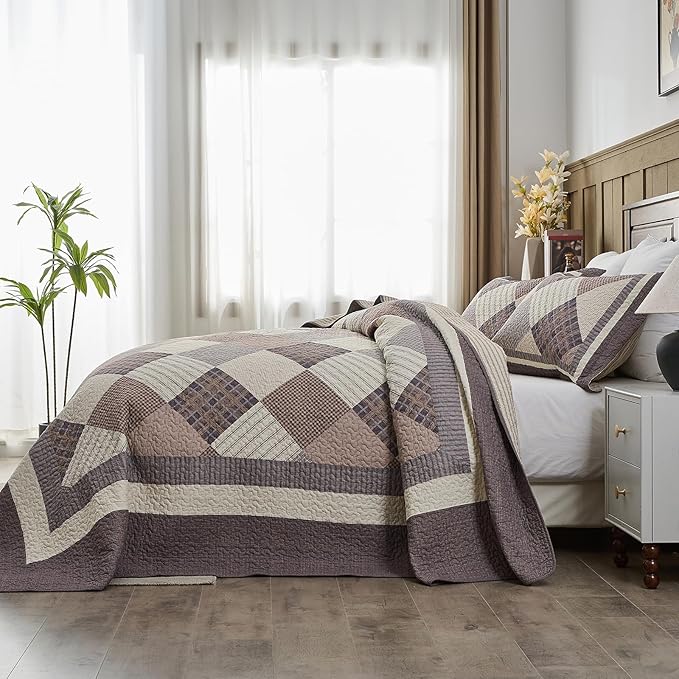 EWlinens 100% Cotton 120"x128" Oversized California King Bedspread - Farmhouse Extra Large Quilt Bedding Set, All Season Cal King Diamond Patchwork Plaid Striped Quilts, 3pcs, Walnut/Brown/Gray/Beige