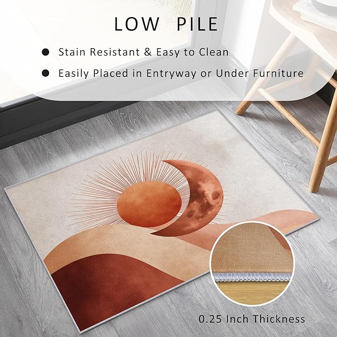 Boho Sun Rug, 6x8 Area Rugs Moon Mountain Abstract Terracotta Pattern for Living Room, Bedroom, Boho Sun Home Decor Accessories Indoor Carpet, Non Slip & Machine Washable