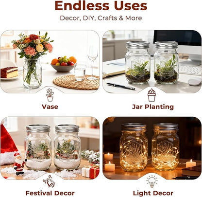 CycleMore 16oz Mason Jars, 12 Pack Canning Jars with Metal Airtight Lids and Bands, Embossed Pint Glass Jars Ideal for Canning, Pickling, Meal Prep, Jam, Honey, DIY Shower/Wedding Favors