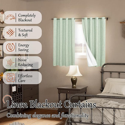 Lajode Sage Green Blackout Curtains for Bedroom - Linen Curtains 45 Inch Length Thermal Insulated Privacy Burlap Boho Window Drapes for Basement Scandi Farmhouse Nursery, 2 Panels, Each 52" Wide