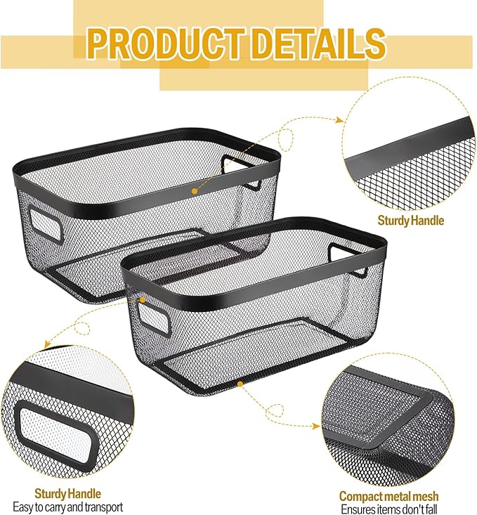 4 Pack Metal Mesh Basket with Hollow Handles Black Wire Storage Bin for Organizing Stackable Metal Fine Mesh Basket for Pantry Bathroom Kitchen Cabinets Shelves (X-Large)