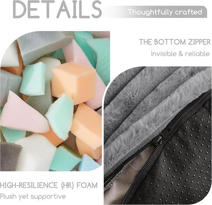 HIGOGOGO Round Stuffed Pouf Ottoman, Stripe Faux Fur Poufs with Foam Chunk Filling, Furry and Fluffy Pouf Foot Stool Storage Ottoman, 26 X 18 Floor Poufs Foot Rest for Living Room, Grey