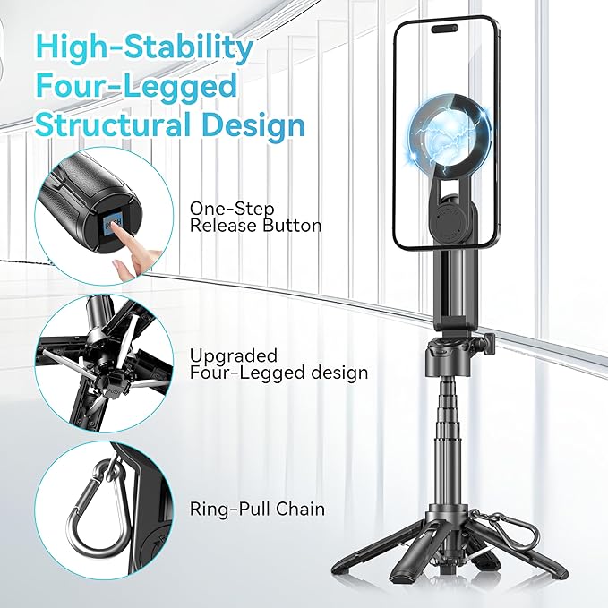 FOURPILLARS Magnetic Tripod Stand for iPhone, Mini Selfie Stick Tripod with Detachable Remote, Portable Cell Phone Tripod Stand Compatible with iPhone/Android, Live Streaming, Video Recording