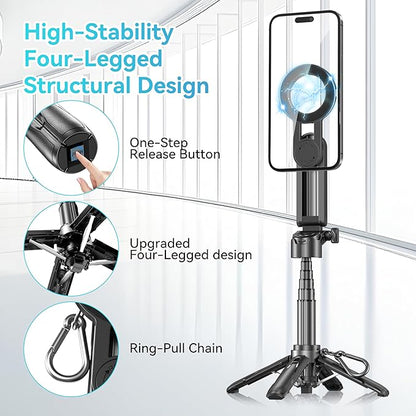 FOURPILLARS Magnetic Tripod Stand for iPhone, Mini Selfie Stick Tripod with Detachable Remote, Portable Cell Phone Tripod Stand Compatible with iPhone/Android, Live Streaming, Video Recording