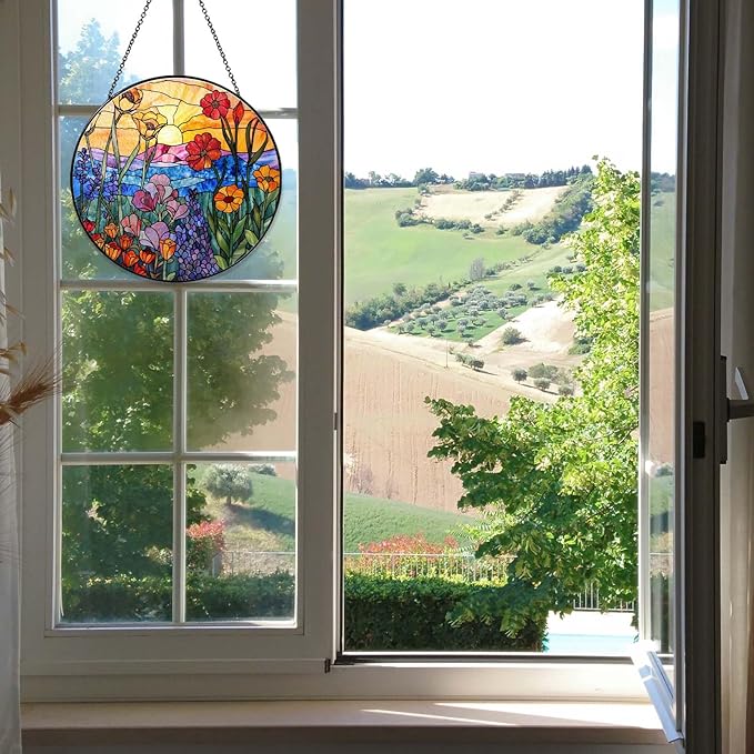 Wildflowers Stained Glass Suncatcher Hanging Window Decor, Colorful Sun Catcher for Indoor Window, Unique Gift for Women Mom Birthday Christmas Home Decoration, 7.87in