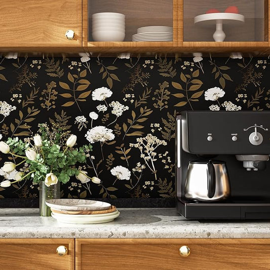 Dark Floral Wallpaper Peel and Stick Boho Wallpaper 17.5in x 393in Vintage Leaf Contact Paper Vinyl Waterproof Self Adhesive Leaf Botanical Wall Paper for Bedroom Walls Kitchen Cabinet