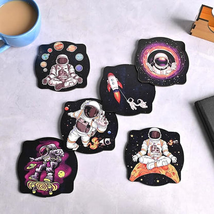 GKD Wooden Coasters for Drinks, MDF Coaster Set of 6 with Holder, Astronaut Theme, 3.5 inches Eco-Friendly Square Absorbent Coaster for Coffee Table, Bar, Drinking Glasses, Tabletop Protection