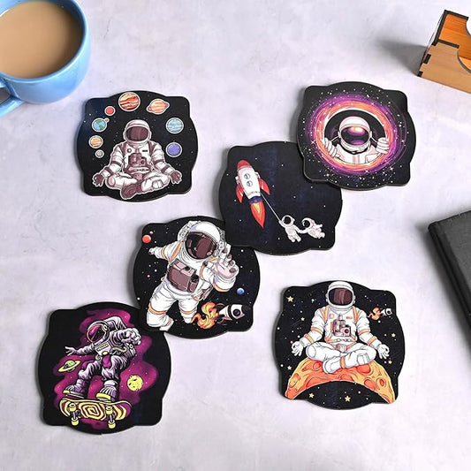 GKD Wooden Coasters for Drinks, MDF Coaster Set of 6 with Holder, Astronaut Theme, 3.5 inches Eco-Friendly Square Absorbent Coaster for Coffee Table, Bar, Drinking Glasses, Tabletop Protection