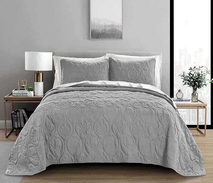 Pure Bedding Quilt Set King/Cal King/California King Size Light Grey - Oversized Bedspread - Microfiber Coverlet - Includes 1 Quilt and 2 Shams, Ocean Star Pattern