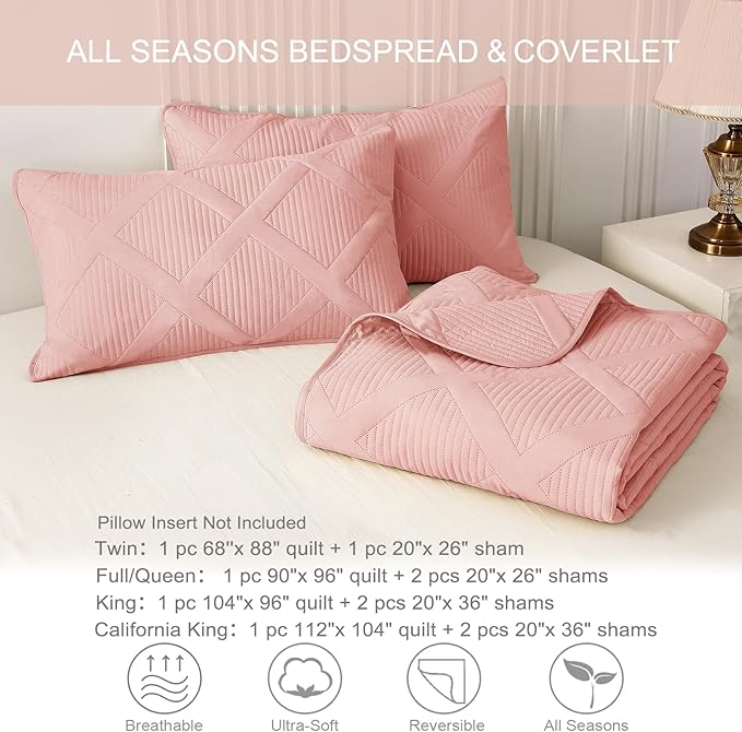 Exclusivo Mezcla Oversized King Quilt Set- Blush Pink Cal King Quilts Bedding Set with 2 Pillow Shams, Modern Bedspread with Striped Pattern, Soft Lightweight Bedspreads Coverlets for All Seasons