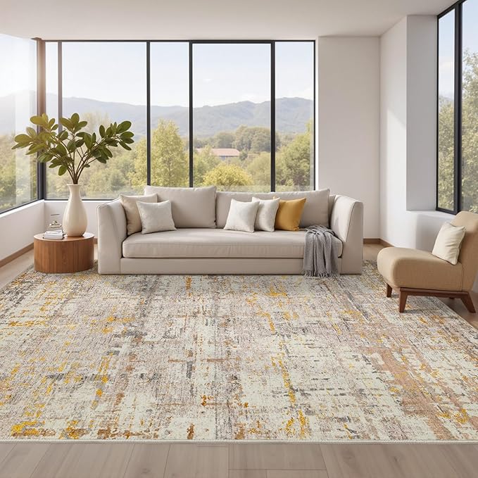 Area Rugs 8x10,Large Soft Rugs for Living Room, Washable, Modern Neutral Abstract Rugs for Bedroom Dining Room, Non-Slip Foldable Thin Indoor Carpet Stain Resistant(Beige Gold)