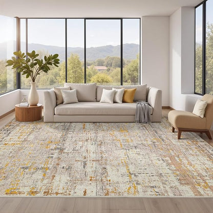Area Rugs 8x10,Large Soft Rugs for Living Room, Washable, Modern Neutral Abstract Rugs for Bedroom Dining Room, Non-Slip Foldable Thin Indoor Carpet Stain Resistant(Beige Gold)