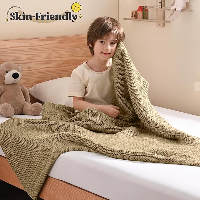 Guohaoi Knitted Weighted Blanket Kids (Beige 50"x60" 7lbs) No Beads Cooling Heavy Blanket, Home Decor Breathable Chunky Knit Throw Blanket for All-Season Use