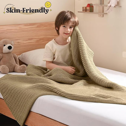 Guohaoi Knitted Weighted Blanket Kids (Beige 50"x60" 7lbs) No Beads Cooling Heavy Blanket, Home Decor Breathable Chunky Knit Throw Blanket for All-Season Use