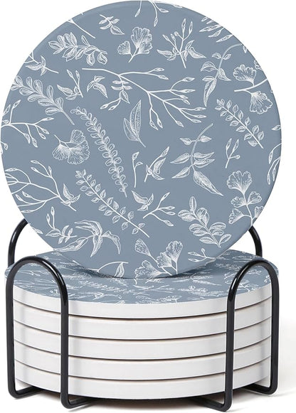 Set of 6 Floral Dusty Blue Coasters with Holder, Absorbent Ceramic Drink Coasters with Cork Backing for Table Protection, Coffee Table Décor