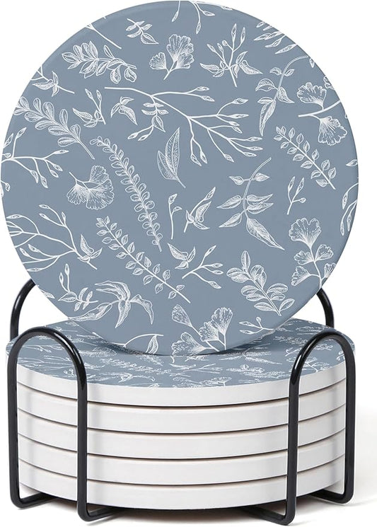 Set of 6 Floral Dusty Blue Coasters with Holder, Absorbent Ceramic Drink Coasters with Cork Backing for Table Protection, Coffee Table Décor