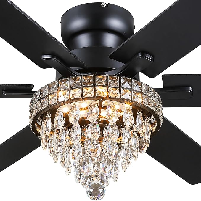 Asyko Chandelier Ceiling Fan -52" Crystal Ceiling Fan- Fandelier Fan Light Black with Remote, Silent Reversible Motor, Dual-Sided 6 Blades, 3 Speed, Timer, Indoor Fan Ceiling
