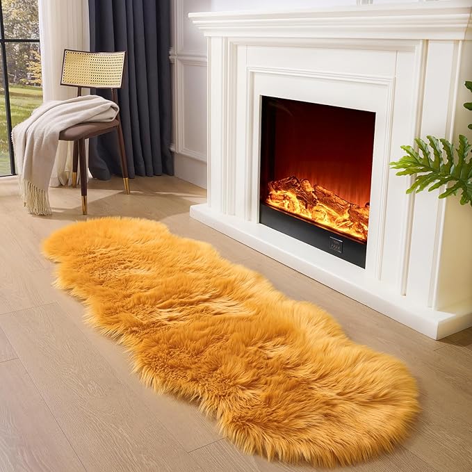 Faux Fur Rug Runner 2x6 ft Yellow - Machine Washable Super Soft Plush Shaggy Fluffy Area Carpet,Sheepskin Rug Fuzzy Floor Mat for Bedroom, Sofa,Living Room, Bedside, Nursery & Kids Room