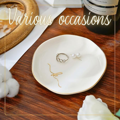 InnoBeta Ceramic Jewelry Tray, Decorative Trinket Dish for Rings Earrings Necklaces Bracelet Watch Keys, Birthday for Women, Mother's Day Christmas Gift for Women, 4.75", White Surface Gold (I)