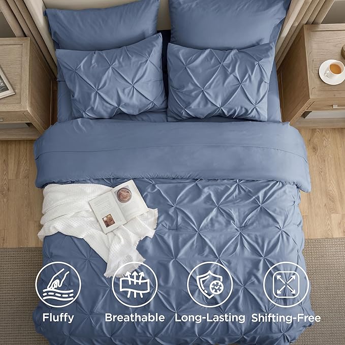 Bedsure Queen Comforter Set Slate Blue - Bed in a Bag Queen Size Bedding 7 Pieces, GentleSoft™ Pintuck Bed Set Gift for Family, Pinch Pleat All Season Comforter with Sheets, Pillowcases & Shams