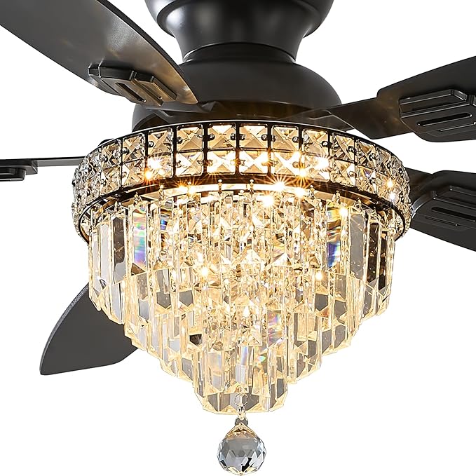 Crystal Ceiling Fan Fandelier with Lights-Ceiling Fans,50" Low Profile and Remote Control, Flush Mount, Reversible, Dimmable, Noiseless,Ceiling Fan for Bedroom（Black）