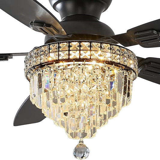 Crystal Ceiling Fan Fandelier with Lights-Ceiling Fans,50" Low Profile and Remote Control, Flush Mount, Reversible, Dimmable, Noiseless,Ceiling Fan for Bedroom（Black）