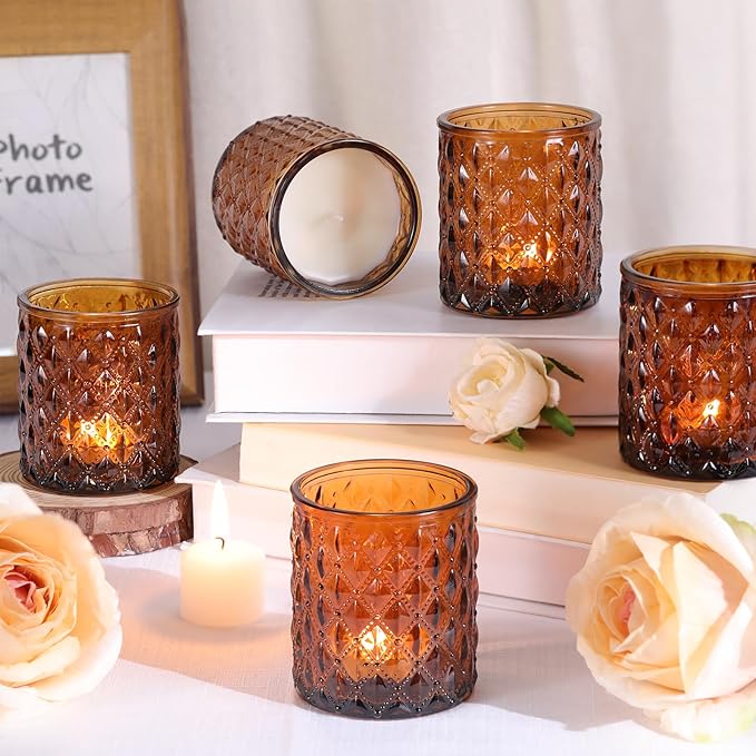 8Pcs Large Votive Candle Holders Amber Tea Light Candle Holders Glass Candle Holder for Wedding, Bridal Shower,Table Centerpiece,Party, Home Decor, Fall Decor